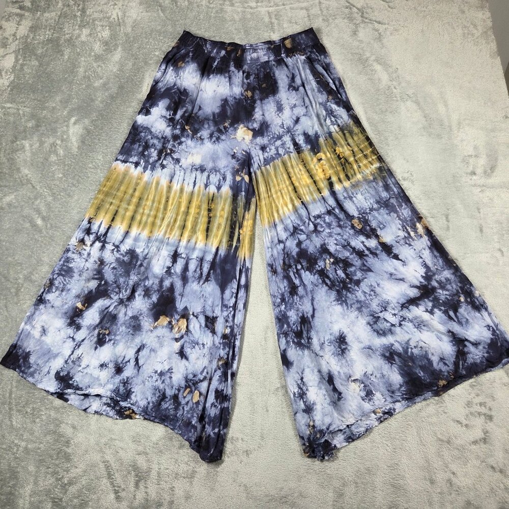 Yak & Yeti Pants Large Blue Tie Dye Cropped Boho Hippie Artsy Wide Leg Angle Hem